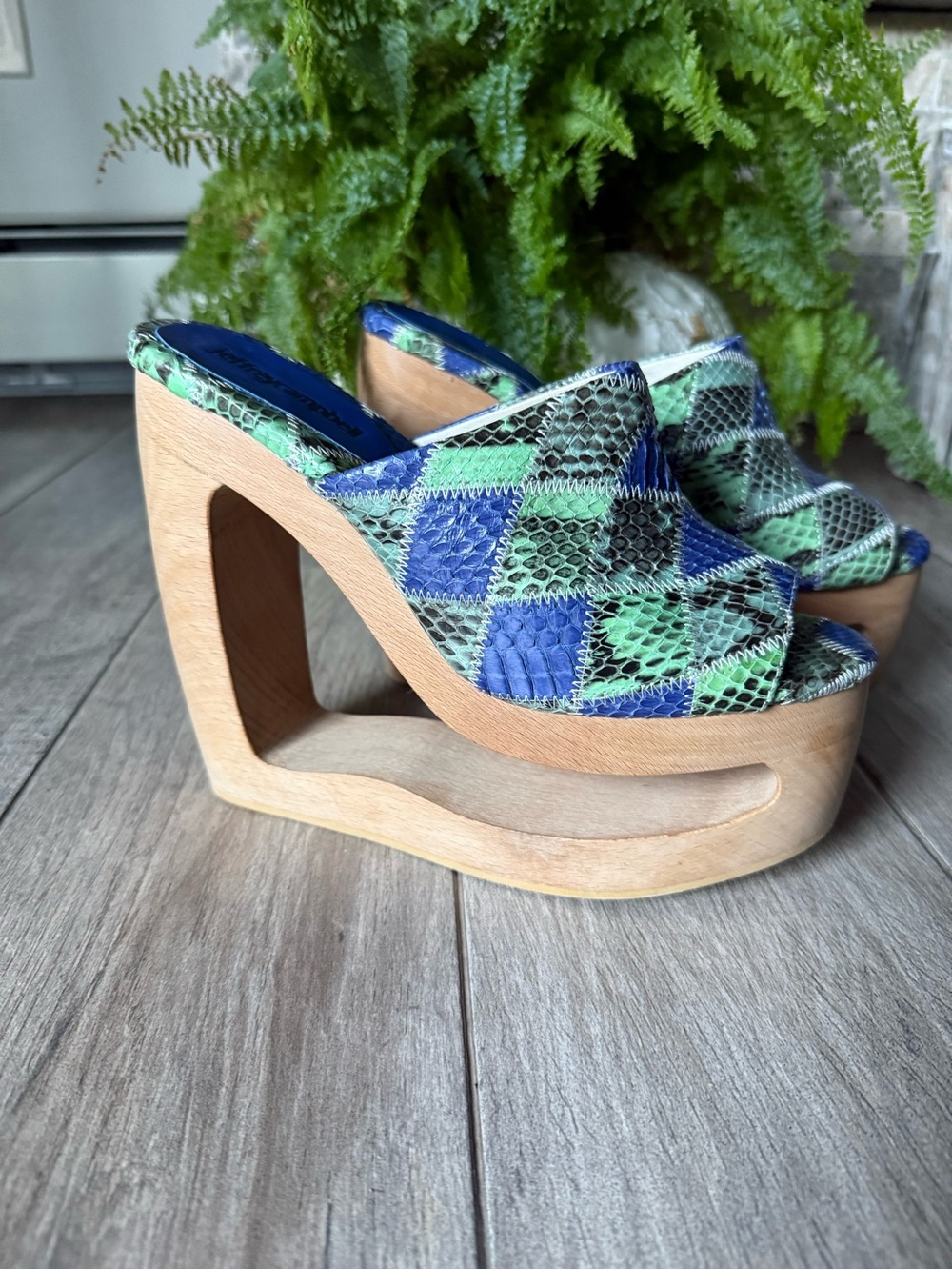 Jeffrey Campbell cut-out wedge Green & Blue Snake-Print Wooden Platform Mules